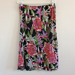 Rainbow Jo Hawaiian Tropical Pink Purple Floral Midi Skirt Slits Size L
